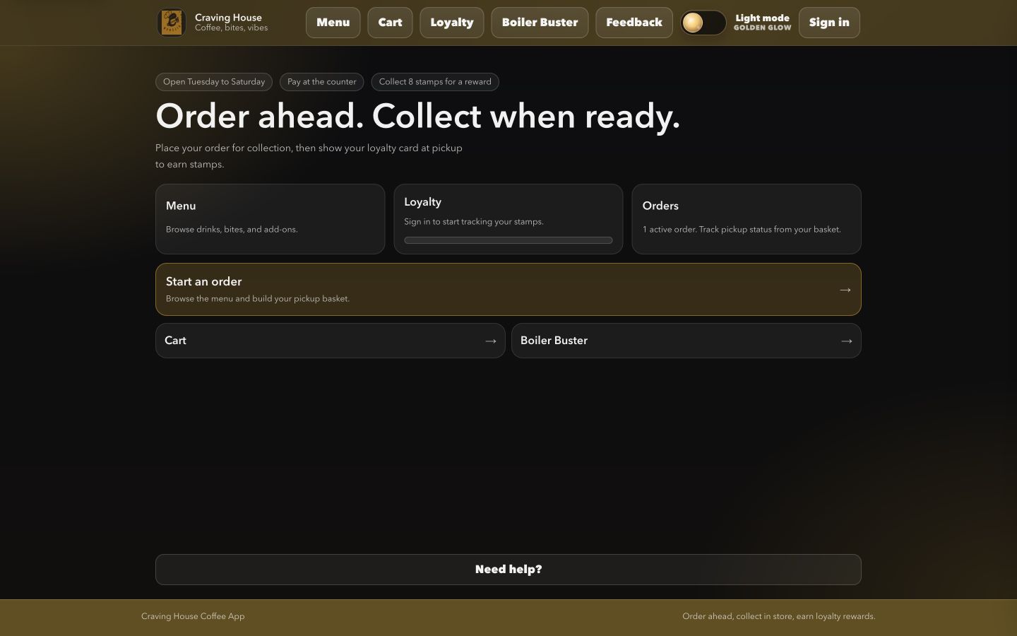 Craving House Coffee App home dashboard with menu, loyalty, and order shortcuts