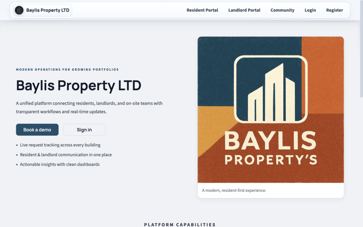 Baylis Property public homepage and portal navigation