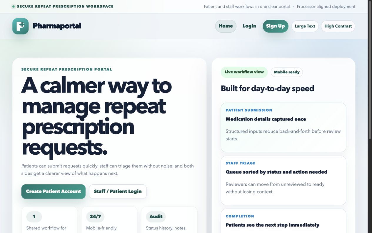 PharmaPortal public homepage with accessibility controls